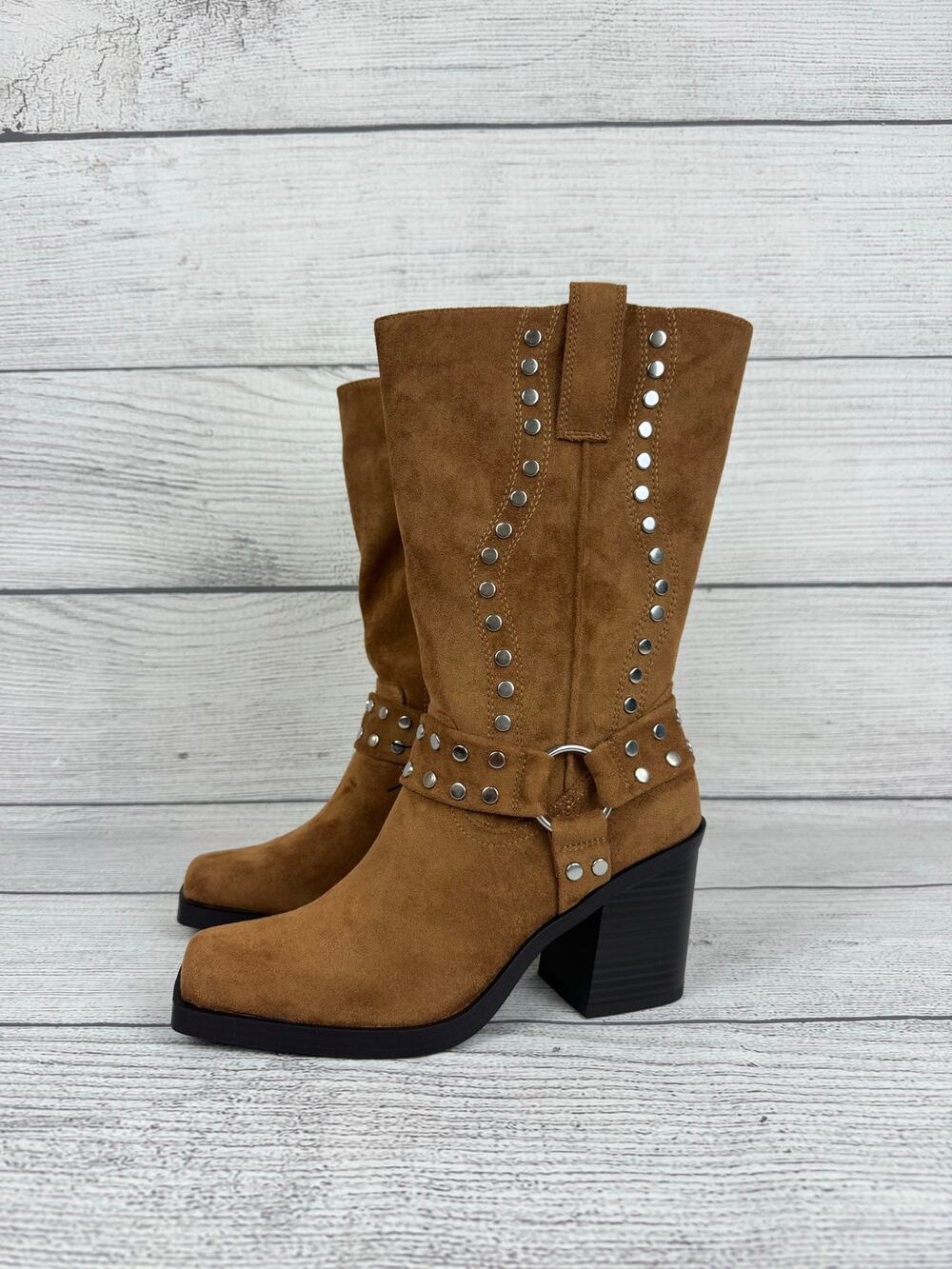 Madden NYC Women's Cognac Studded Western Heeled Moto Boots Size 9